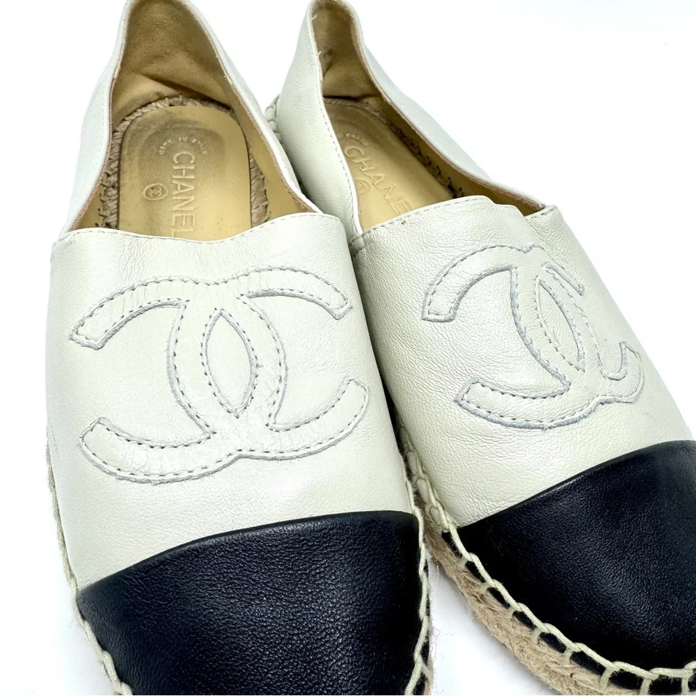 CHANEL Women's Black and Cream CC Logo Espadrilles Lambskin Leather